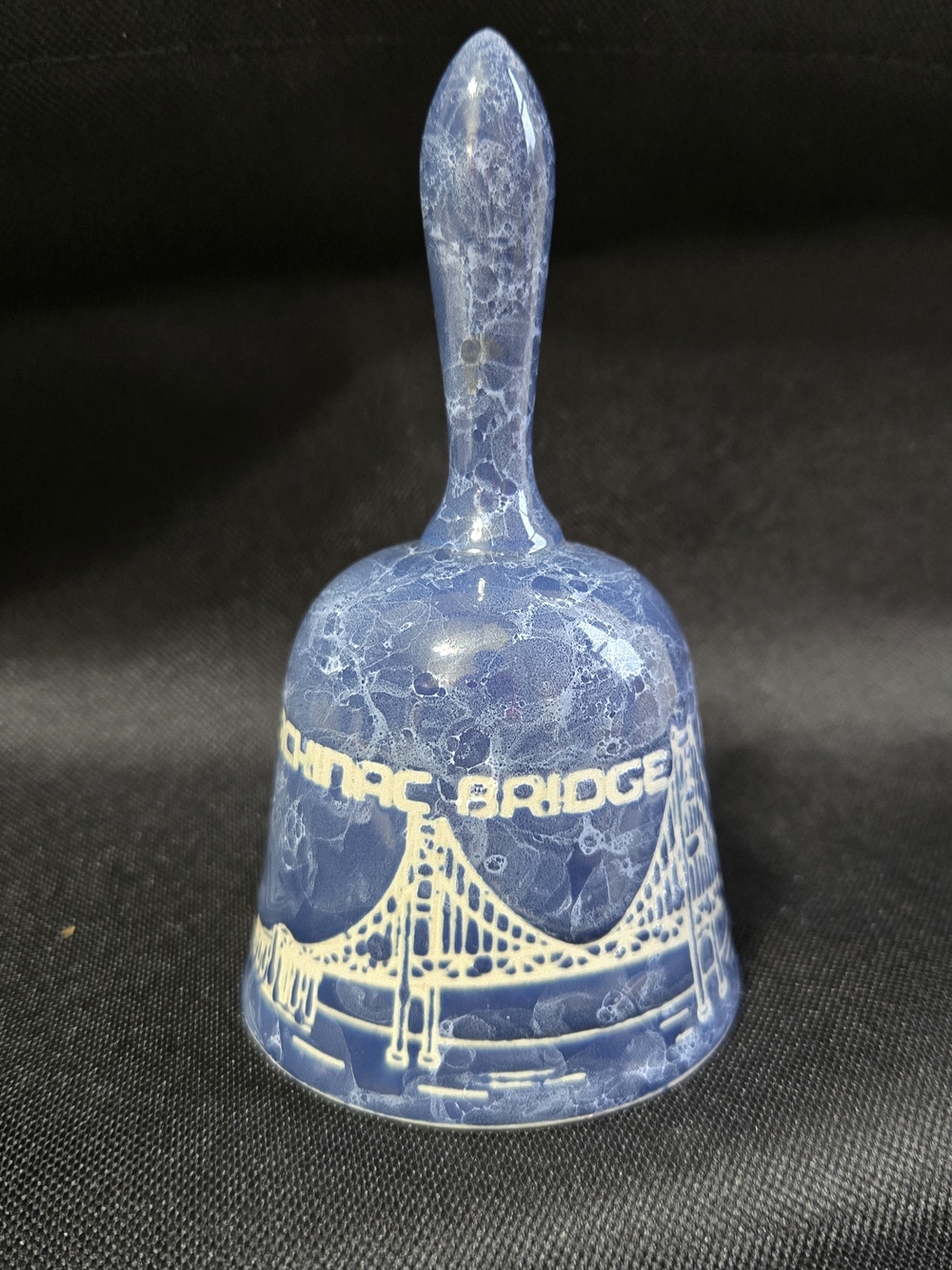 Vintage Ceramic Mackinac Bridge Souvenir Bell - Blue Marble Glaze (Michigan)